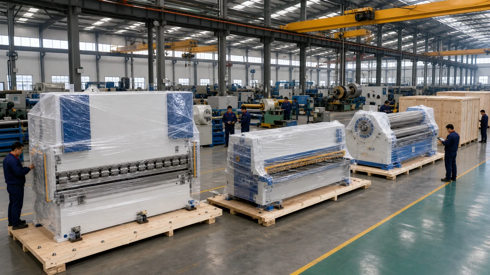 Henan metal-fabrication machinery factory, CNC cutting tables, press brakes and rolling machines assembled and crated for export