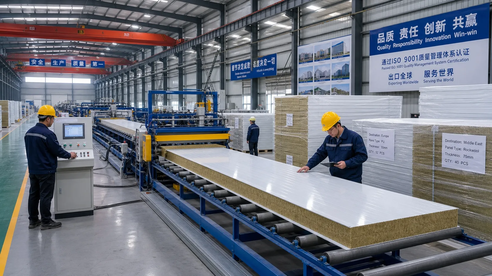 Henan sandwich panel production line manufacturing PU and rockwool export panels in an ISO-certified factory