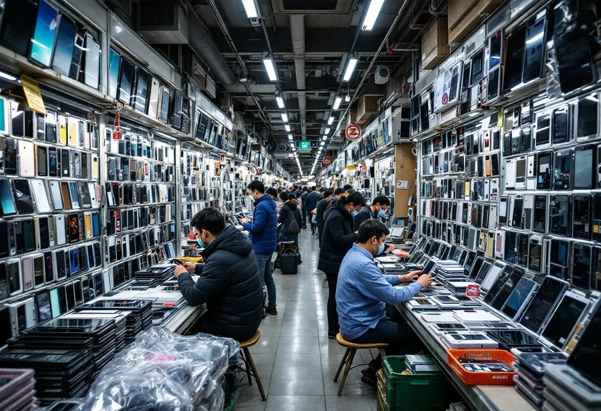 Phone parts stalls in Shenzhen's Huaqiangbei electronics market, with traders testing replacement screens at the counter