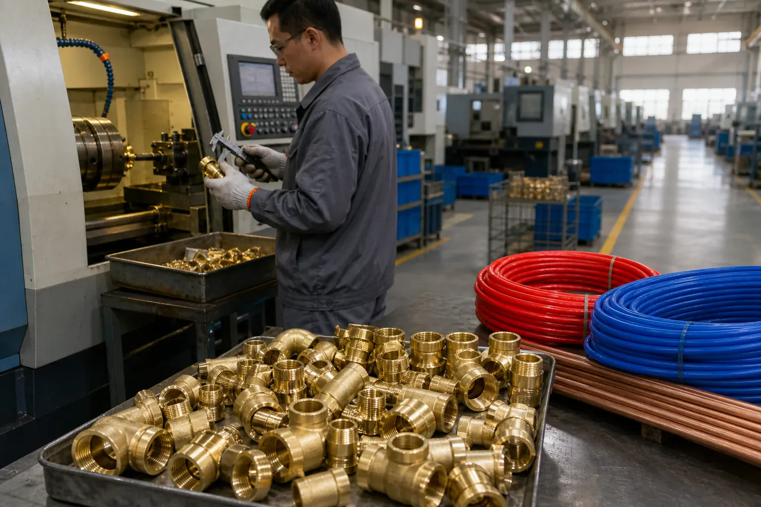 Brass plumbing fittings CNC machining production — inland-China brass-and-fittings cluster