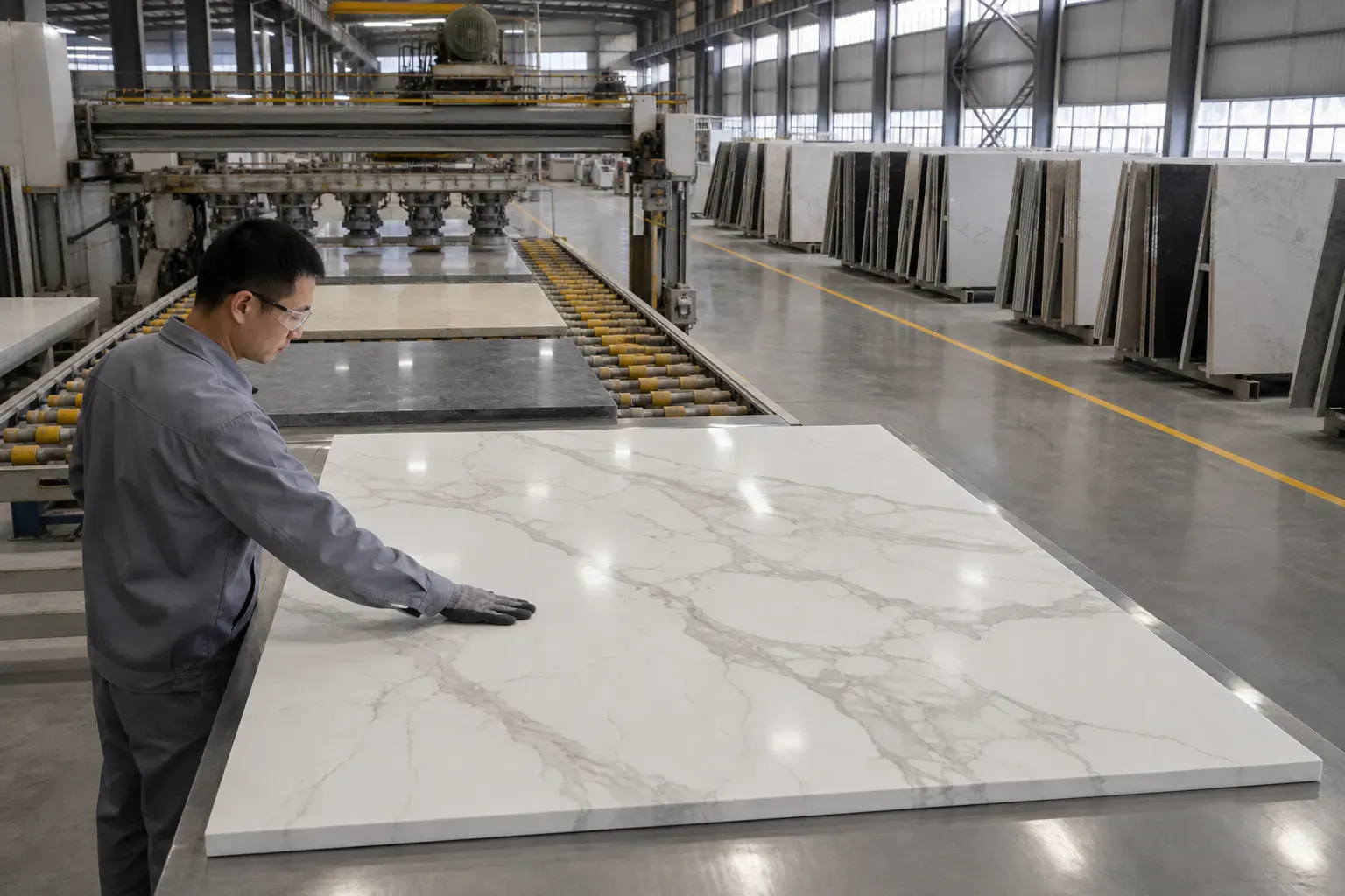 Engineered quartz countertop slab production and inspection — inland-China engineered-stone cluster