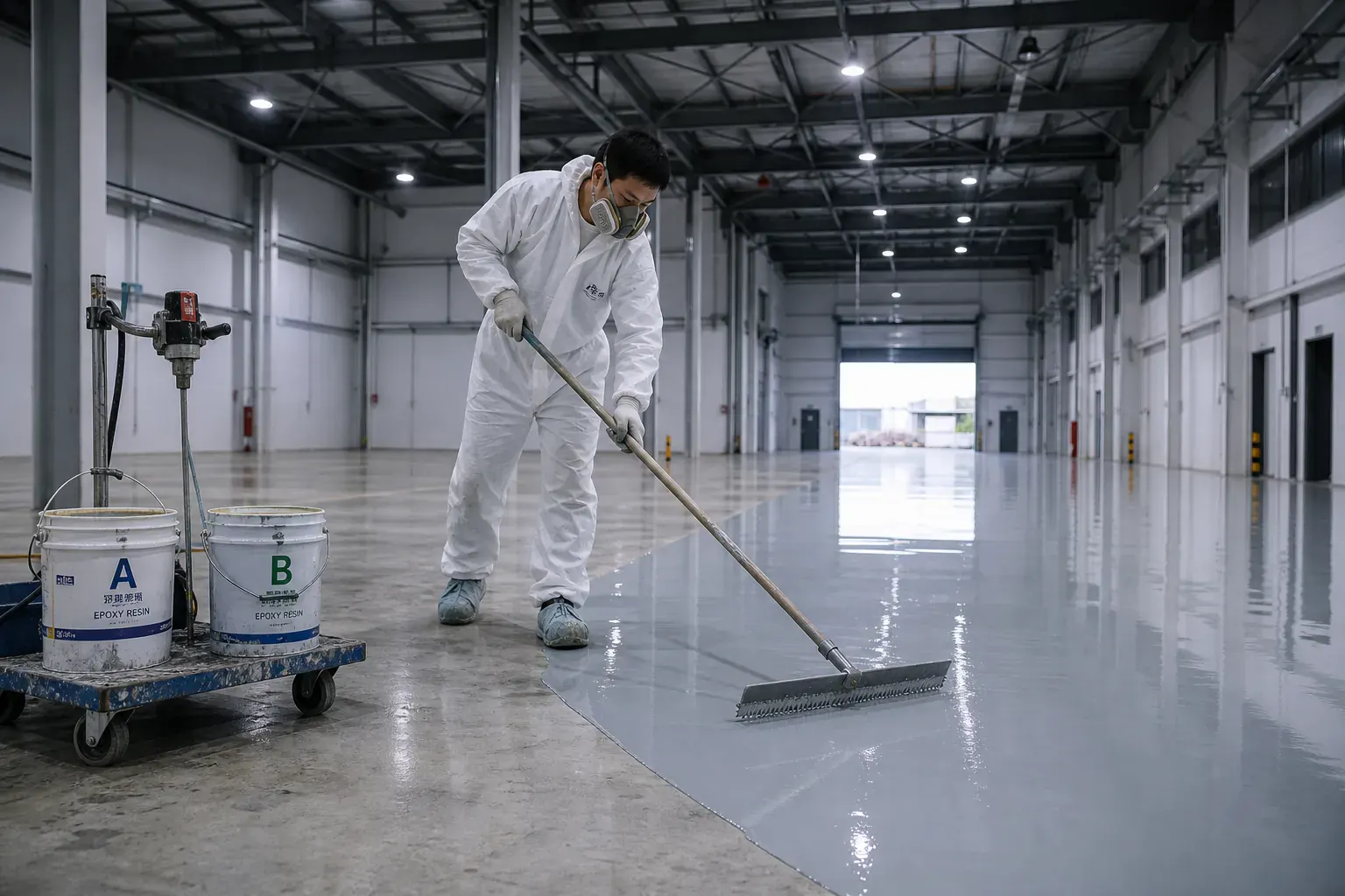 Industrial epoxy resin flooring application — inland-China premium-spec resin cluster, self-levelling mirror-grey finish