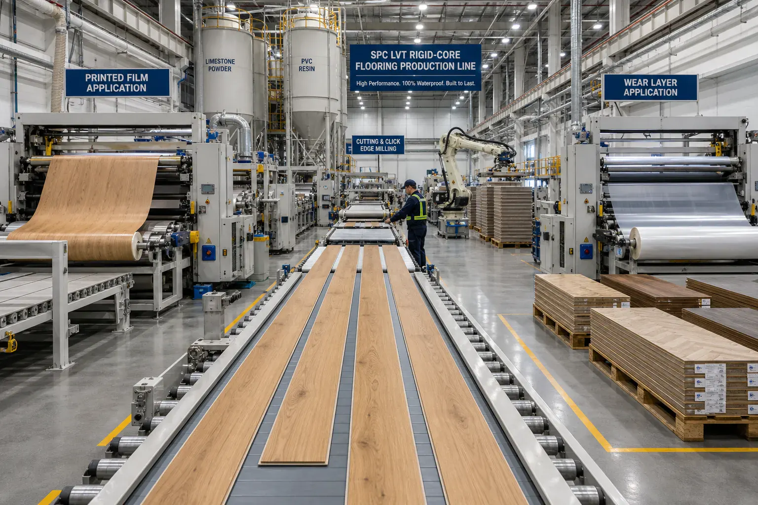 SPC LVT rigid-core flooring plank production line — inland-China premium-spec contract flooring cluster