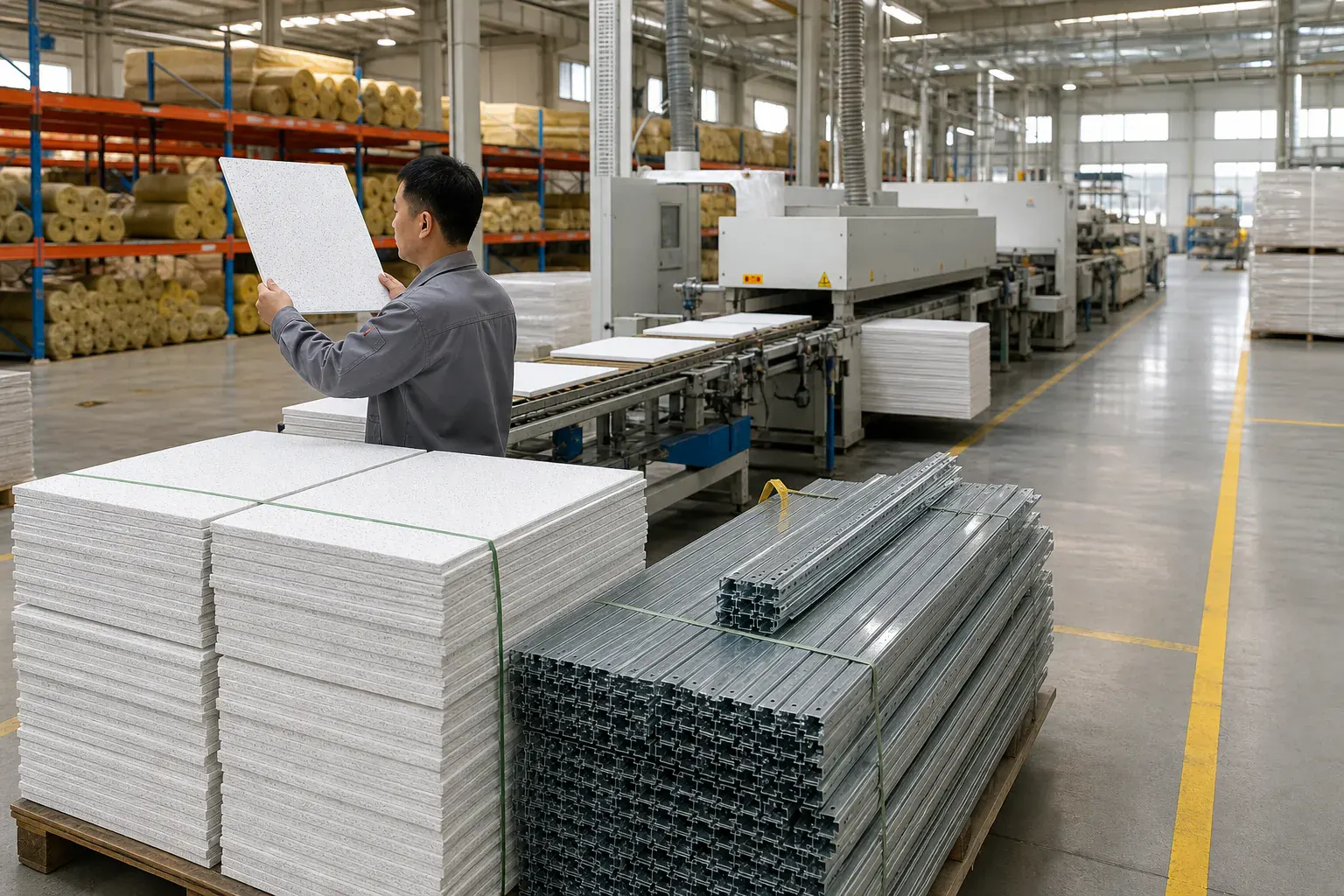 Suspended ceiling mineral-fibre tile and T-bar grid production — inland-China ceiling-systems cluster
