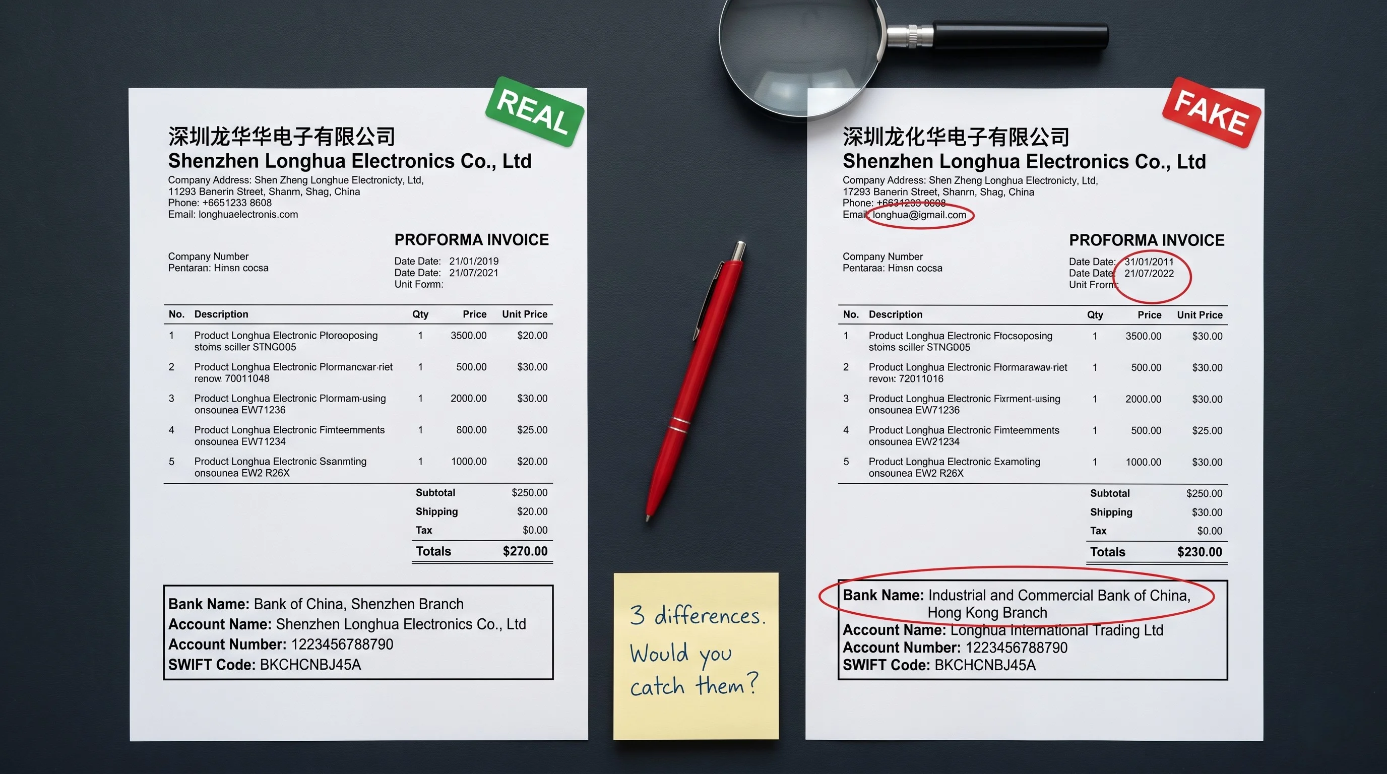 Comparison between a real Chinese supplier invoice and a fake intercepted invoice with altered bank details