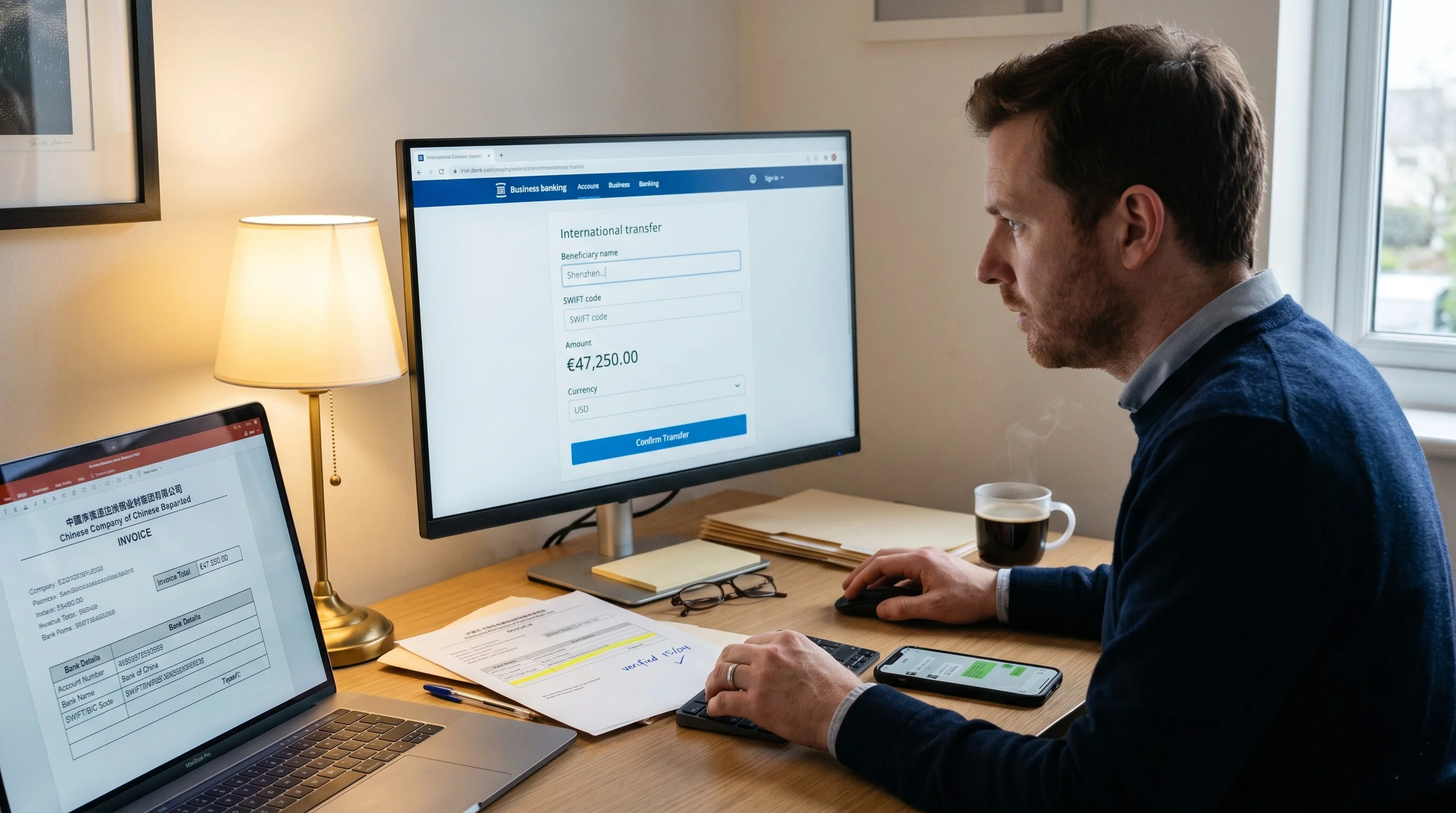 Business owner in Ireland processing safe telegraphic transfer to China supplier