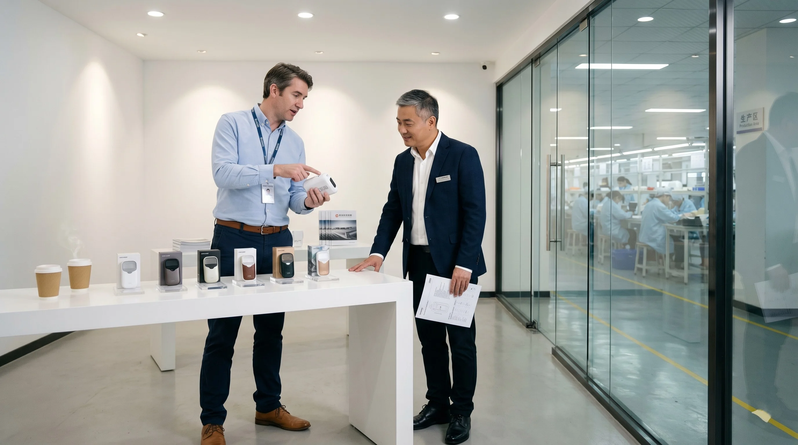 Photorealistic medium-wide shot inside a modern Chinese factory sample showroom. A European buyer in his 40s in a light blue Oxford shirt and visitor lanyard holds a white product sample, pointing at a detail while speaking to a Chinese factory manager in his late 40s in a dark navy blazer and company badge, who leans in studying the product while holding a printed specification sheet.
