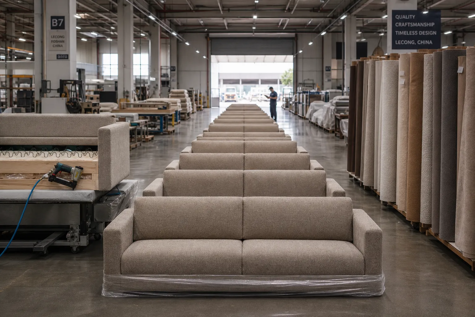 Sofa sets displayed across a large Foshan furniture wholesale hall in Lecong, Shunde District