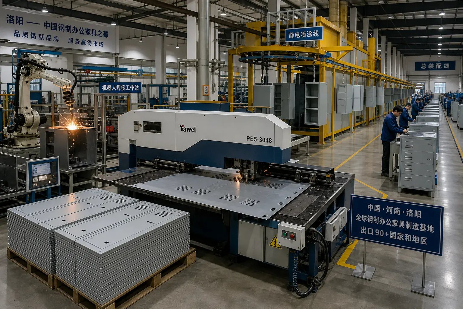 Steel office furniture production hall in Luoyang, Henan — largest steel-furniture cluster in China