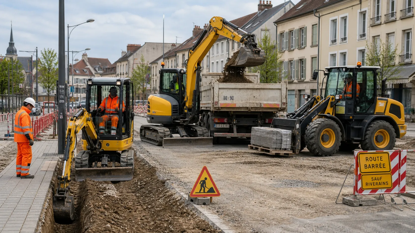 Mini excavators and a compact wheel loader working on a European civil project, hi-vis workers, a tracked excavator and a tipper in a town street