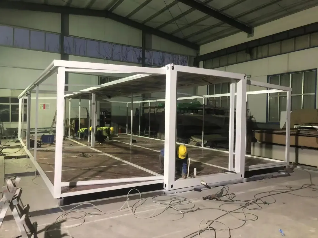 Steel frame of an expandable modular building under construction at the factory