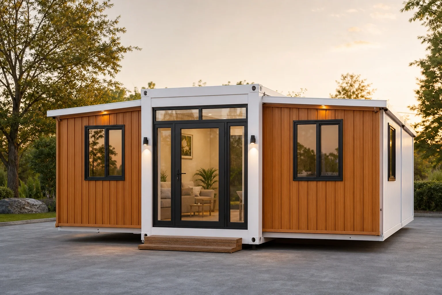20ft expandable container home exterior — folds to 2.2 m wide for shipping, expands to 6.3 m on site