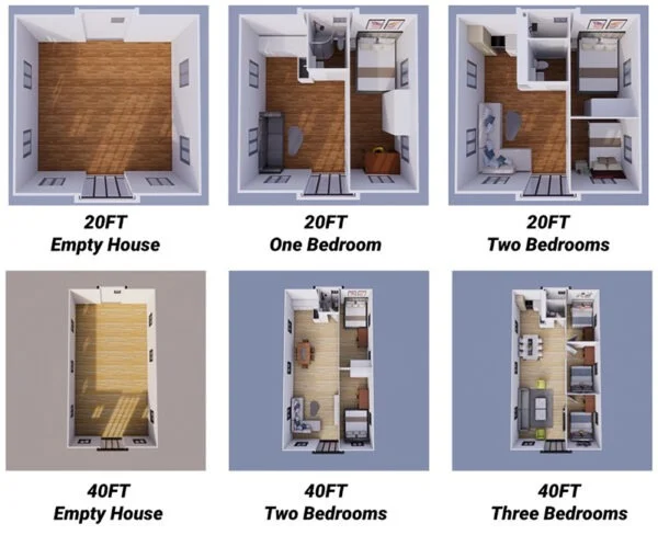 40ft expandable container home floor plans — empty shell, two-bedroom and three-bedroom layouts
