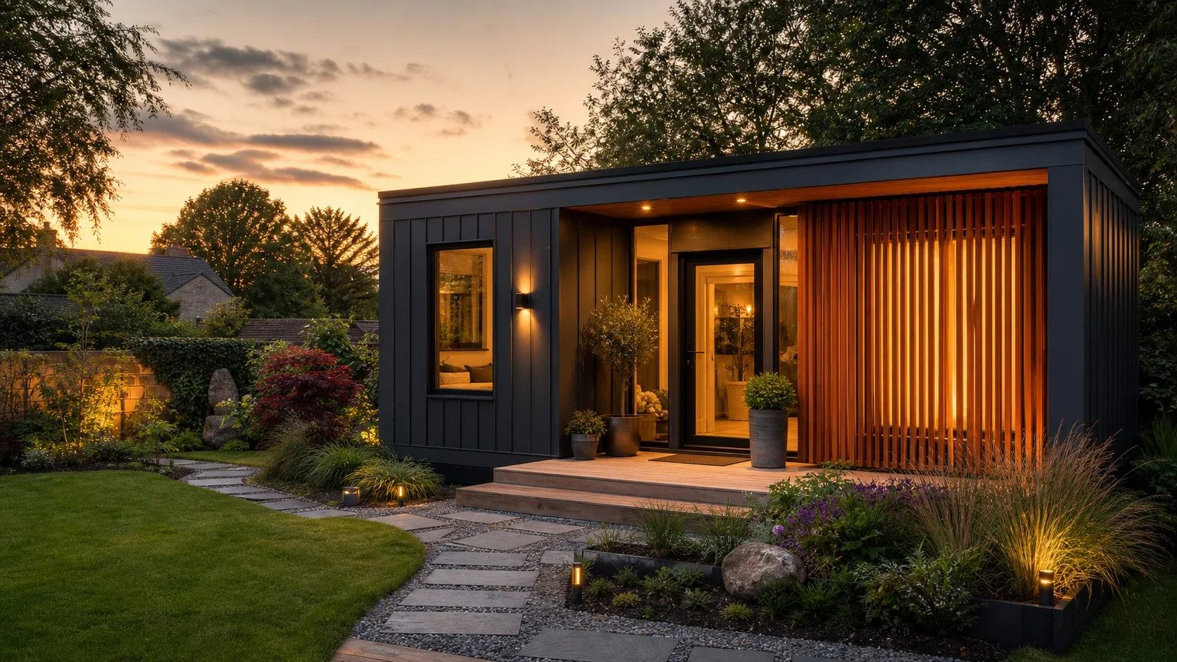 Modern steel-frame modular home with timber cladding sourced from China for Irish back garden — Ériu Modular Homes