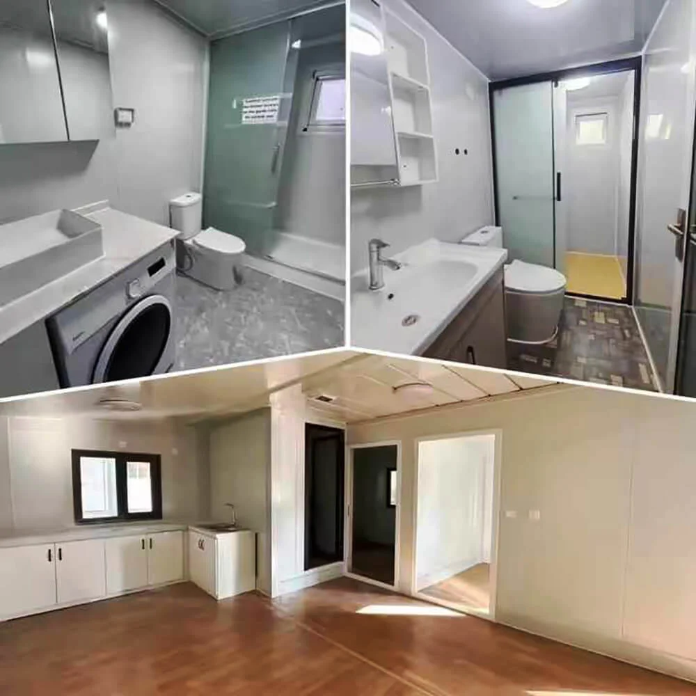 Expandable container home interior — kitchen, corner glazing, open-plan living and dining areas fitted out at factory