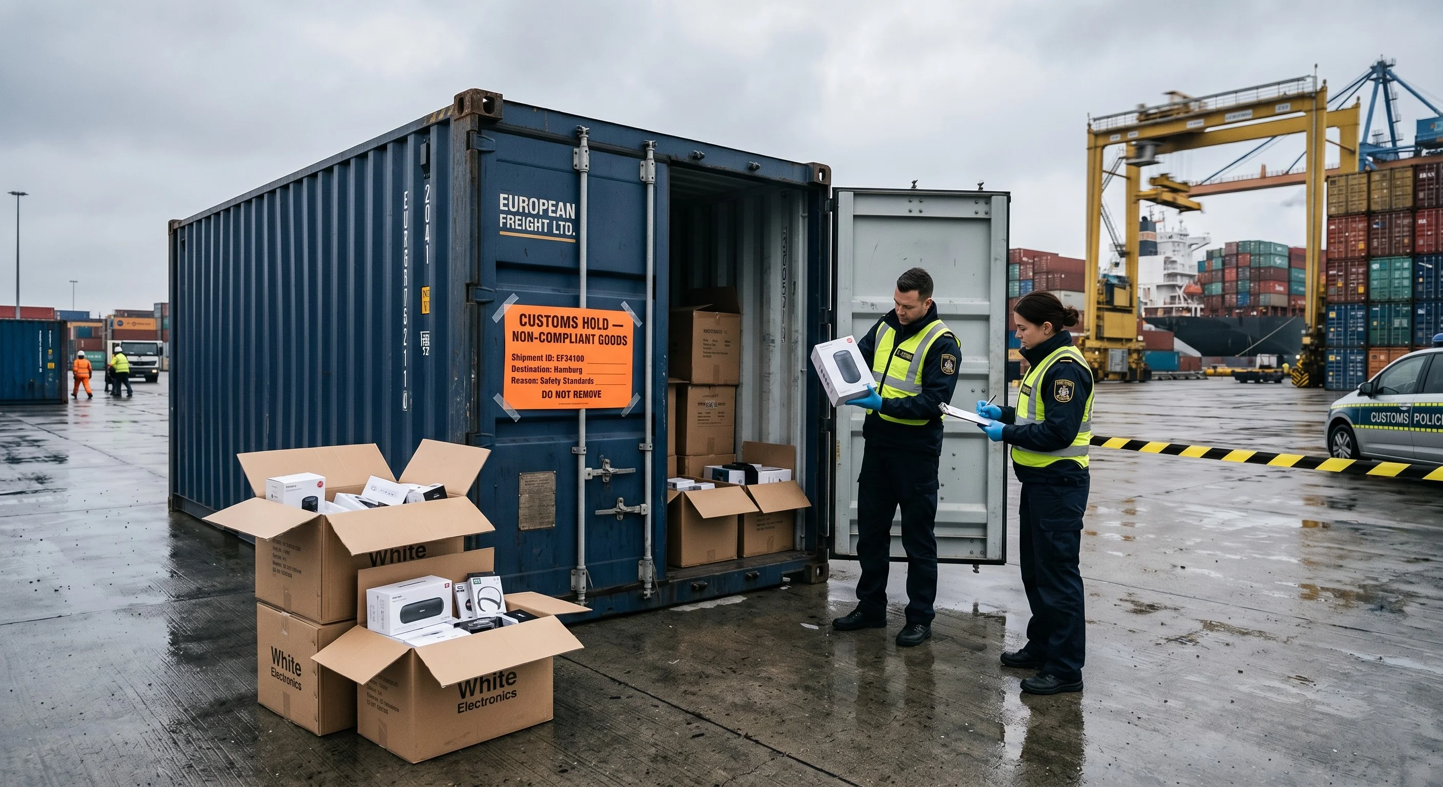 Shipping container held under customs detention at a European port for non-compliant CE goods