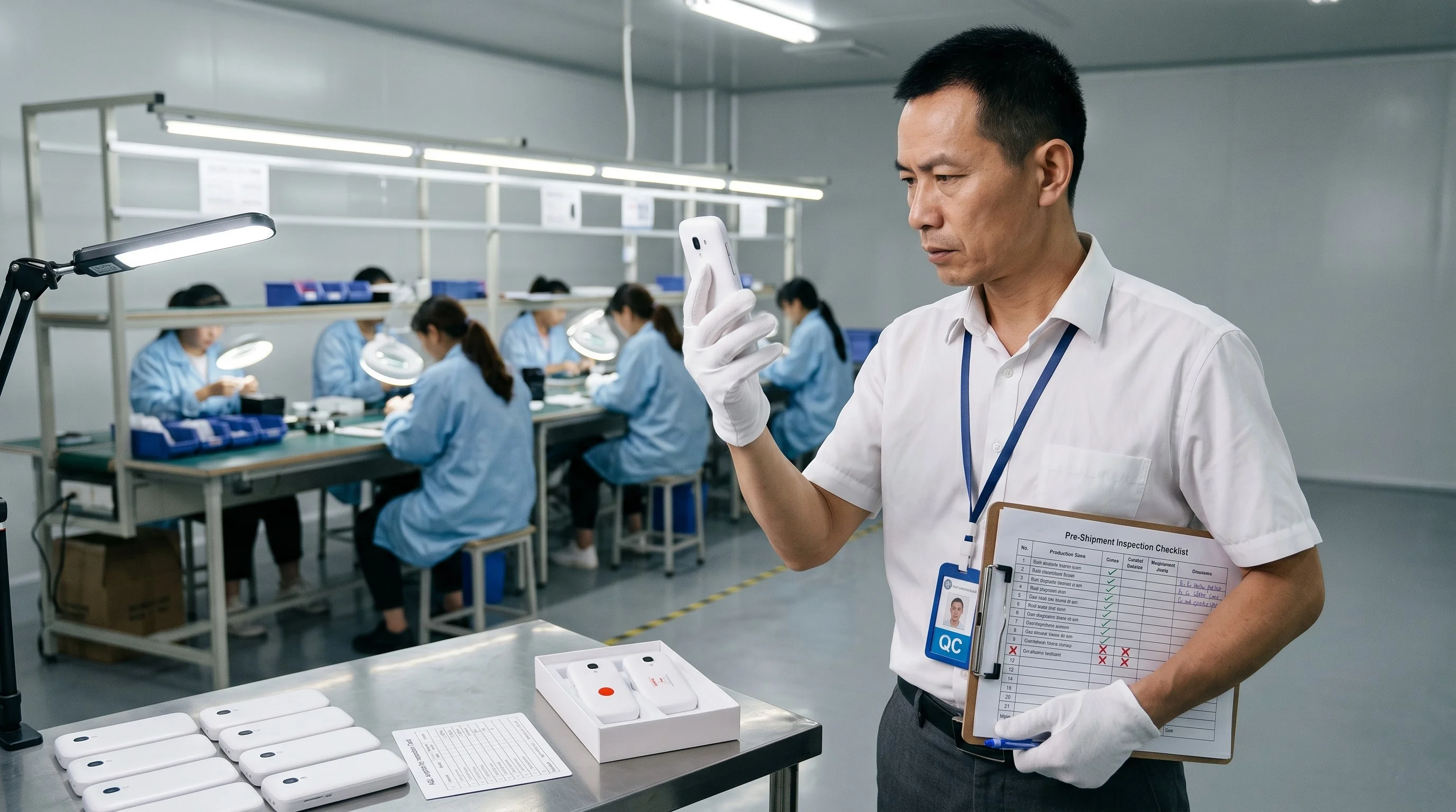 Photorealistic medium close-up of a Chinese QC inspector in a white shirt and cotton inspection gloves examining a small white electronics product held at eye level inside a clean factory. His brow is furrowed in concentration as he studies the product surface. In his other hand a clipboard shows a pre-shipment inspection checklist with green ticks and red X marks.