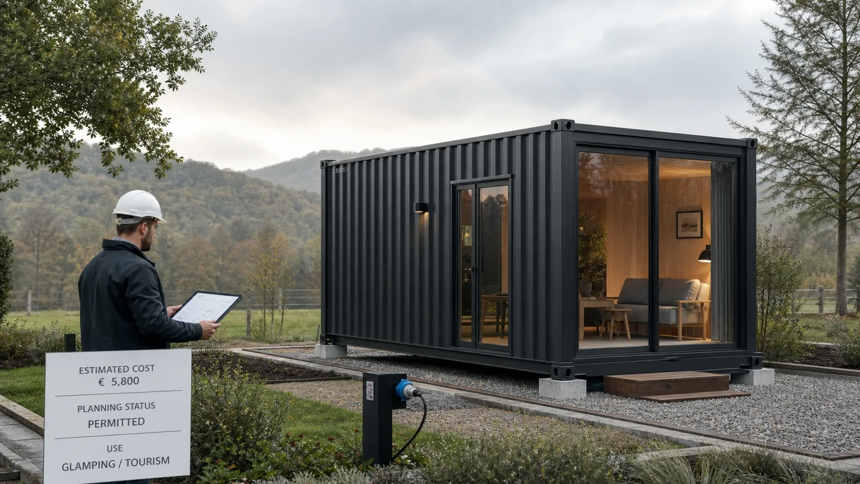 Container glamping cabin installed on a rural European site, the kind of unit a campsite or farm stay adds to test demand