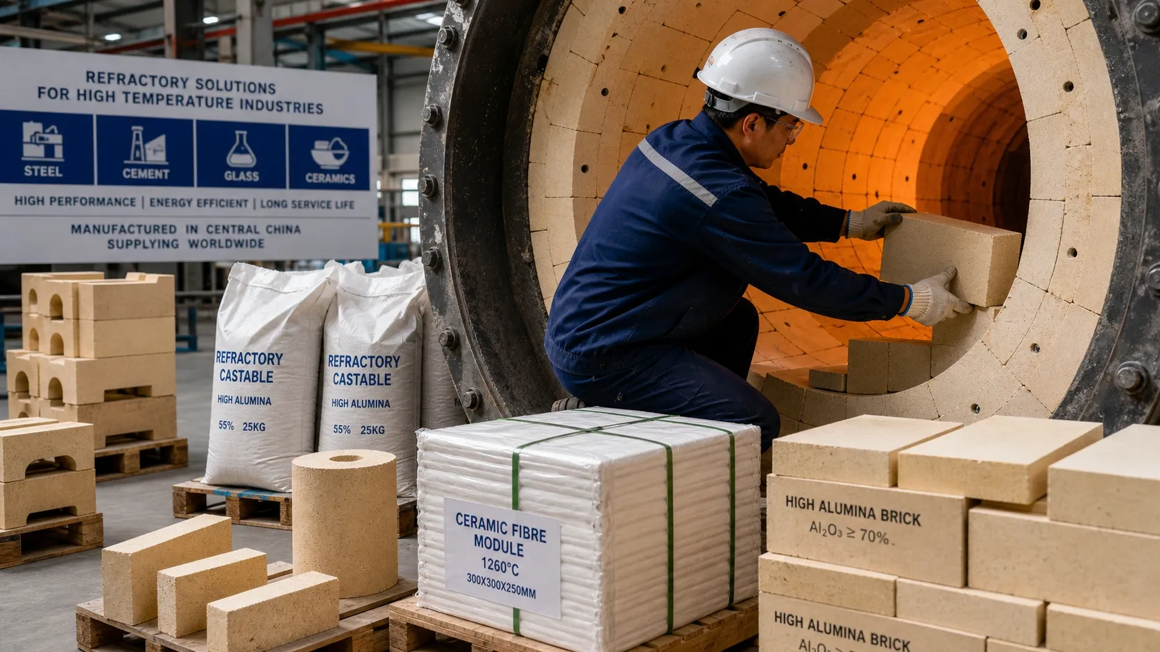 High-alumina refractory bricks being installed to line an industrial kiln, with stacked refractory products in the workshop