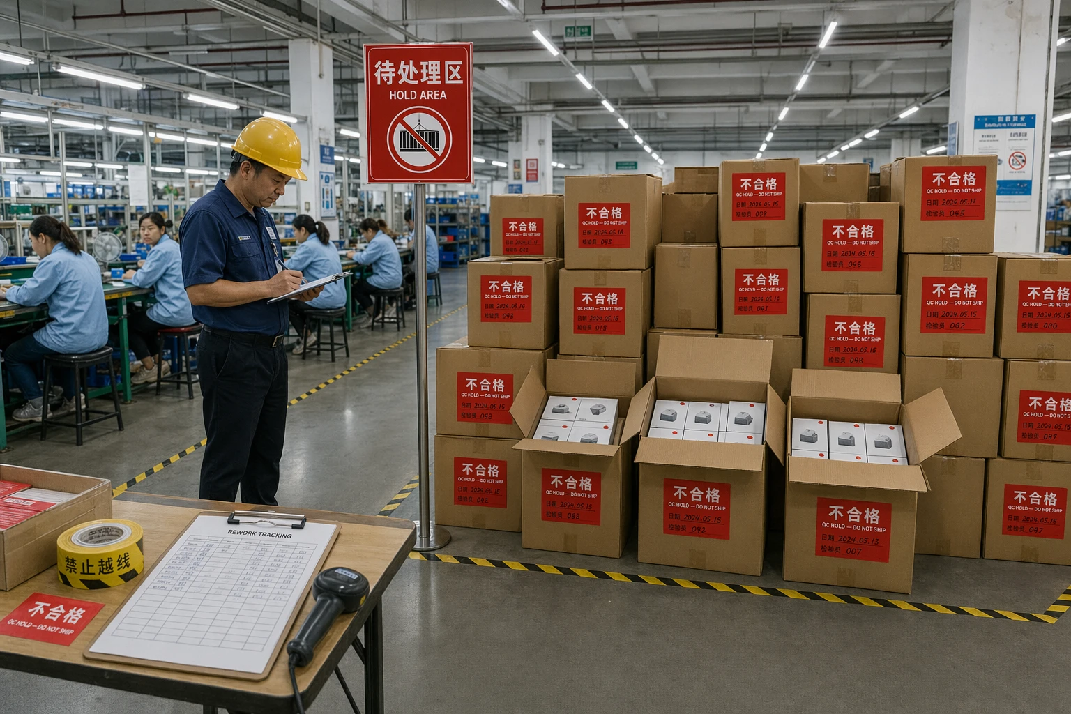 Photorealistic wide shot of a factory hold area inside a Chinese manufacturing facility. A rectangular zone on the grey concrete floor is marked with bold yellow-and-black hazard tape, containing approximately 35 stacked brown cartons, each bearing a large red tag reading QC HOLD DO NOT SHIP. A factory supervisor writes on a clipboard outside the tape.