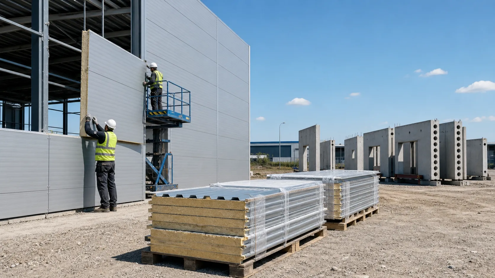 European construction site installing sandwich panels and precast wall elements with materials staged on site