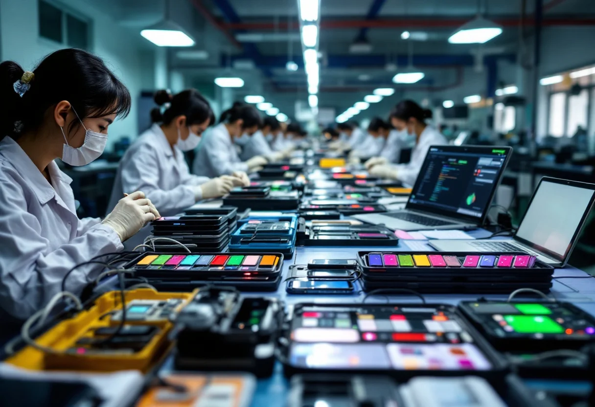 Techniker sortieren und testen gebrauchte Smartphones in einem Refurbishment-Zentrum in Shenzhen