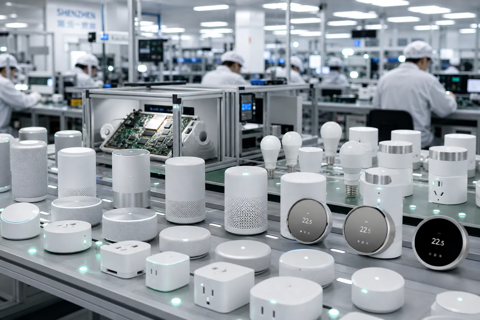 Montage von Smart-Home-Geräten in einem Reinraum in Shenzhen