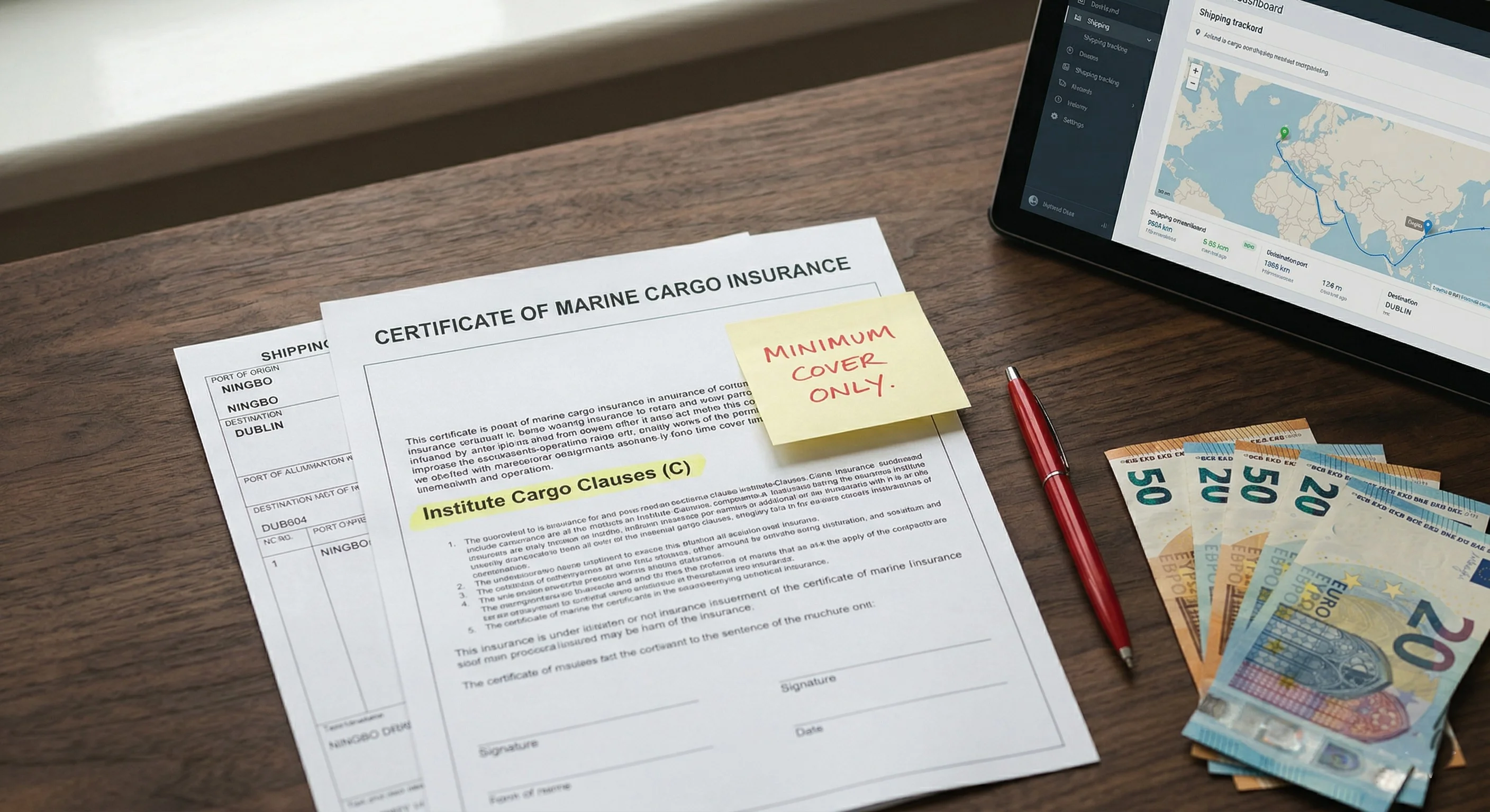 Overhead flat-lay photograph of a marine cargo insurance certificate with 'Institute Cargo Clauses (C)' highlighted in yellow marker. A red sticky note reads 'Minimum Cover Only.' A shipping bill of lading showing Ningbo to Dublin sits alongside fanned Euro banknotes.