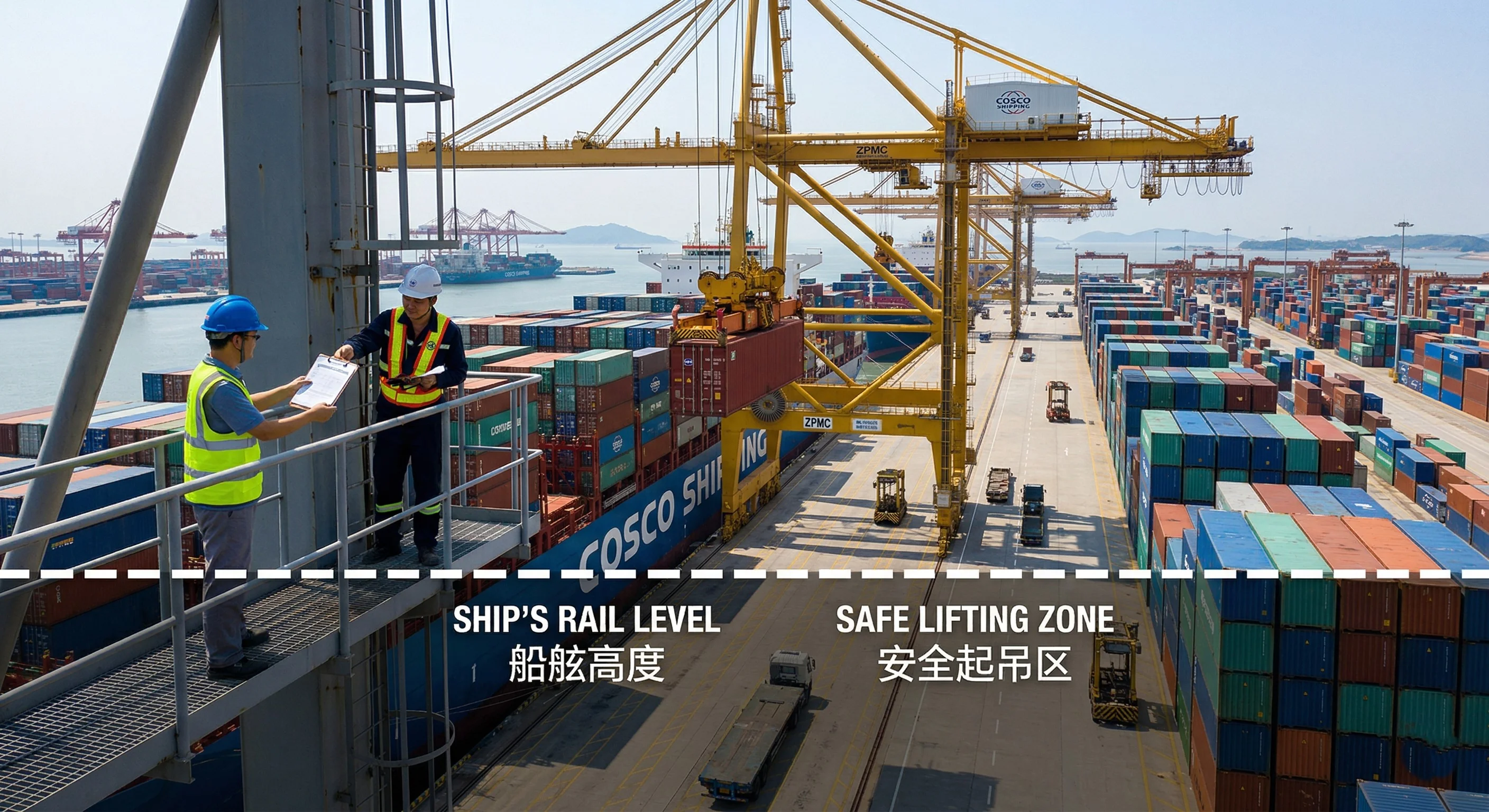 Chinese container port with gantry crane loading containers onto a cargo vessel ÔÇö the FOB risk transfer point at the ship's rail