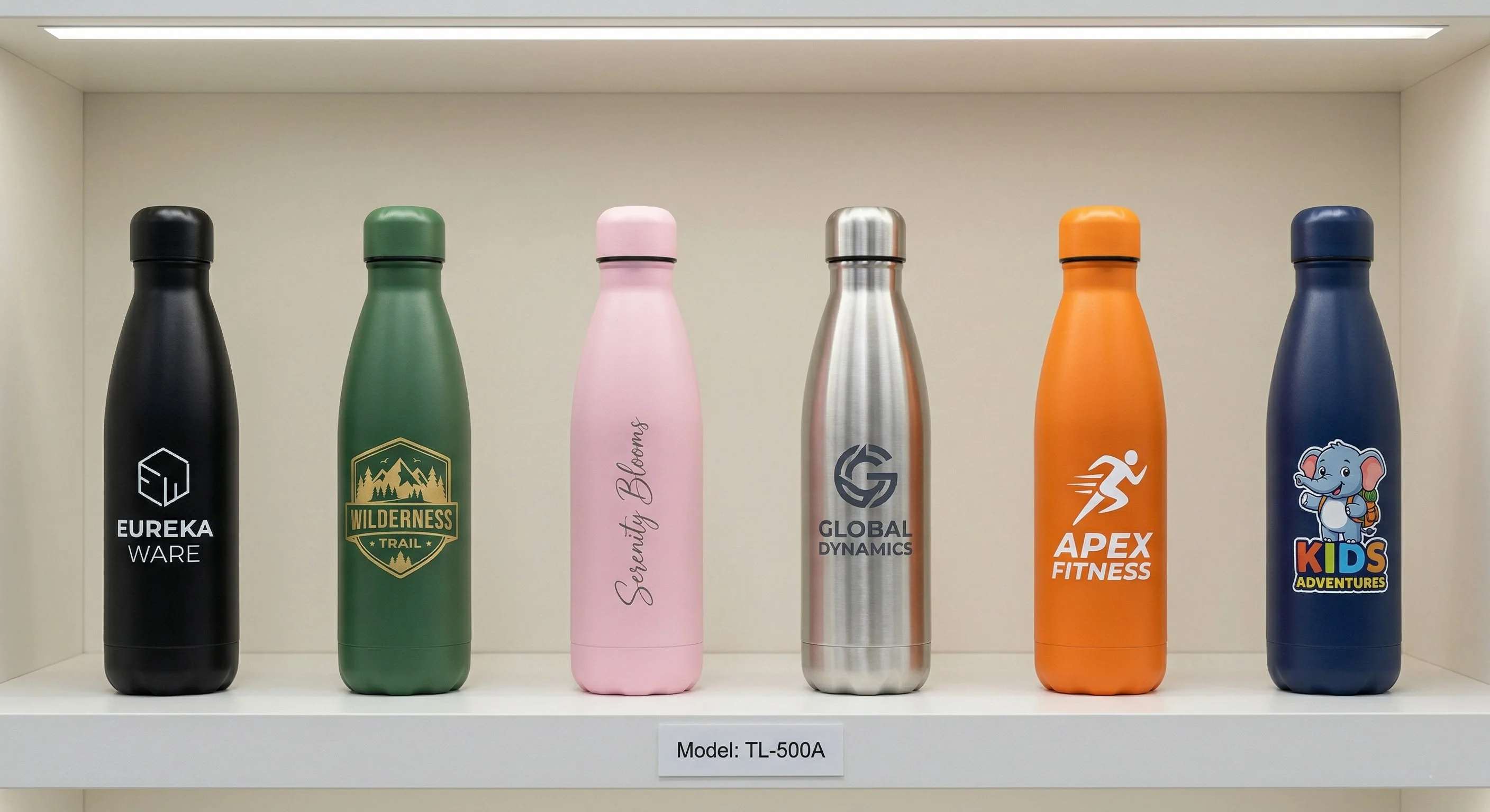 Factory showroom shelf displaying six identical vacuum-insulated water bottles in a row, each with a different brand logo and colour scheme. A shelf label shows a Chinese factory model number. All six brands are selling the same ODM product with different branding applied.