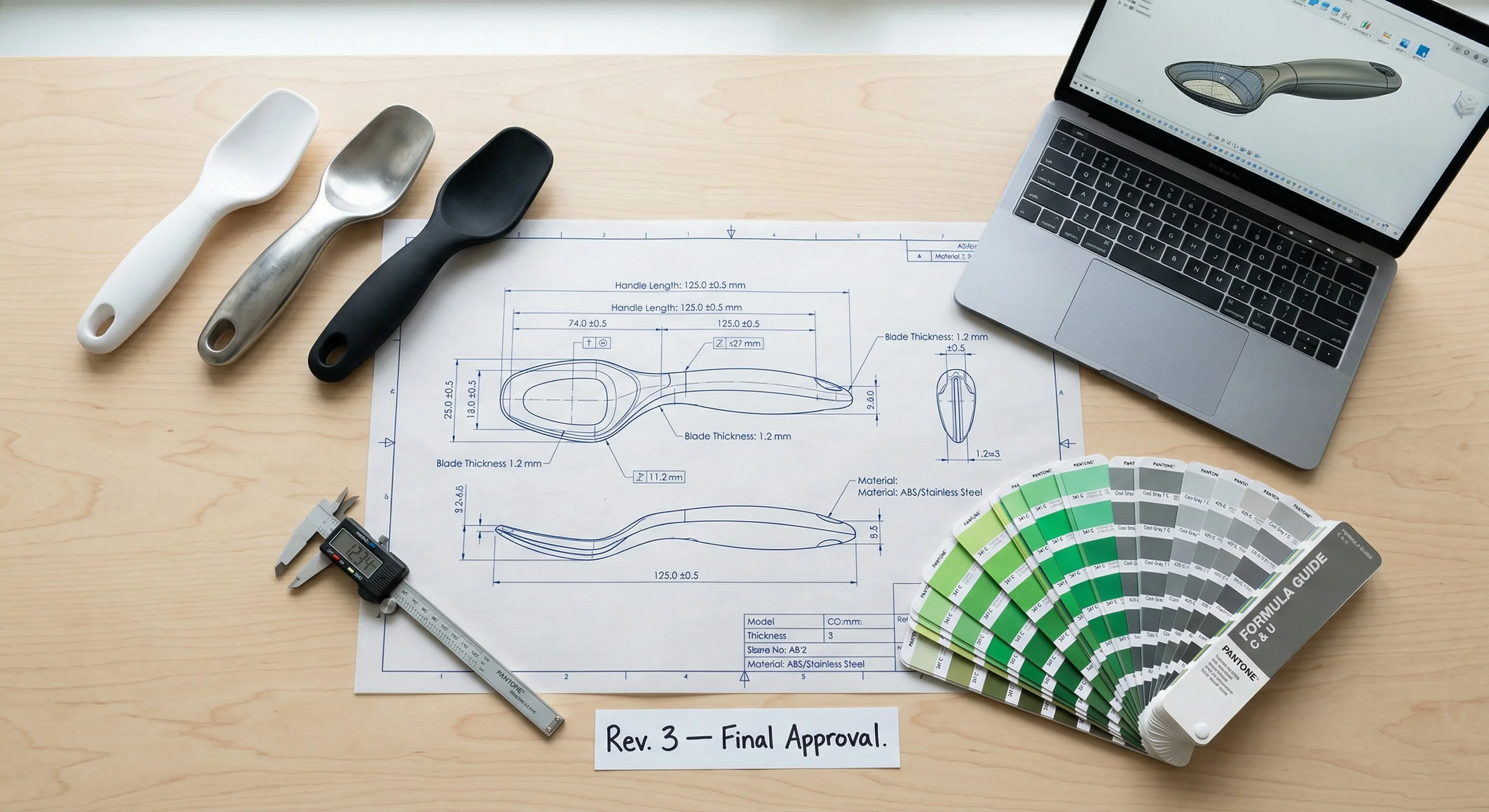 Top-down flat-lay of a product development workspace with technical CAD drawings, prototype samples, a digital calliper, Pantone swatches, and a laptop showing a 3D CAD render
