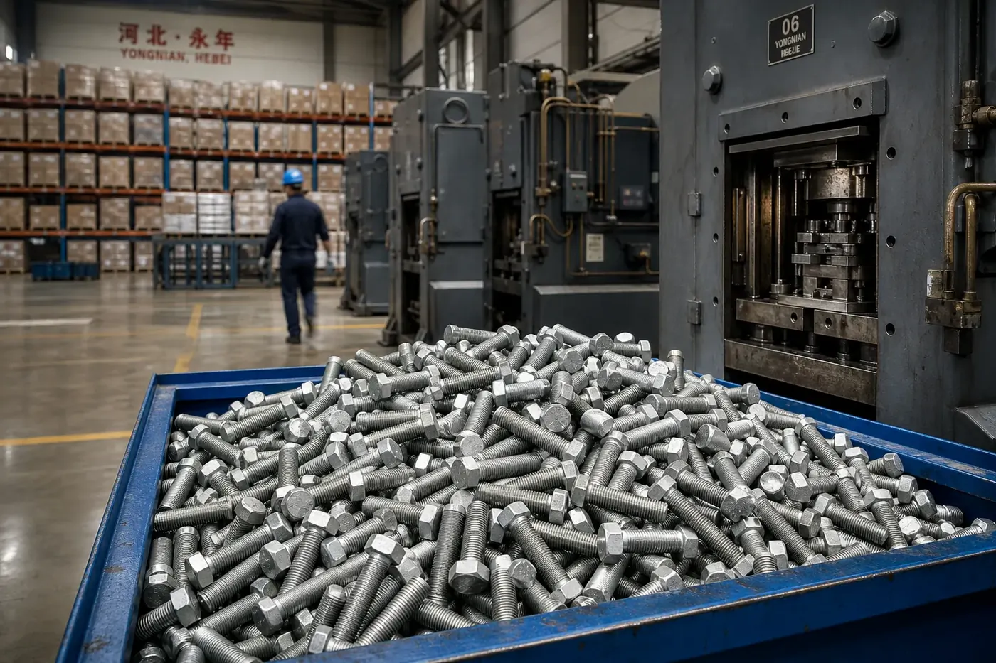 Yongnian, Hebei cold-forming fastener production line — factory-direct hot-dip galvanised bolts for Ireland