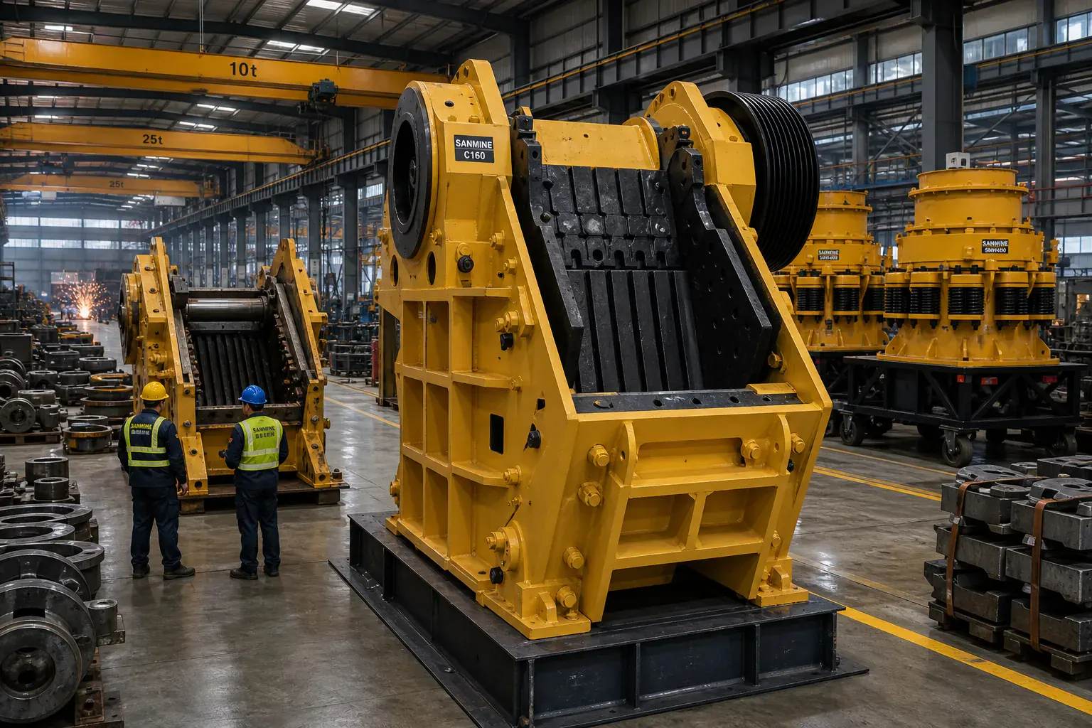 Primary jaw crusher production hall in Zhengzhou, Henan — central-China mining-equipment cluster