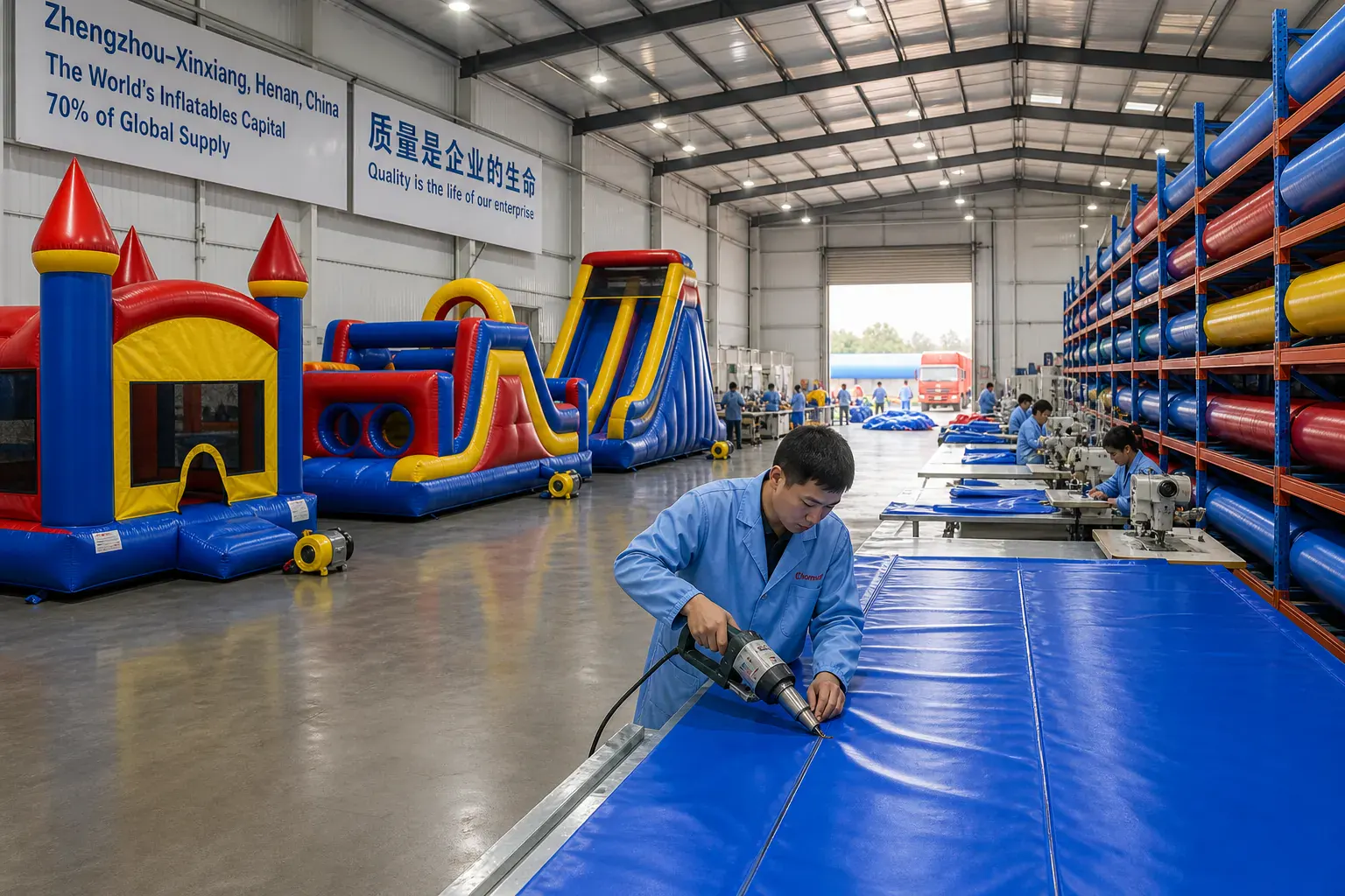 Commercial inflatables factory floor in the Zhengzhou-Xinxiang Henan corridor — bounce houses and inflatable structures